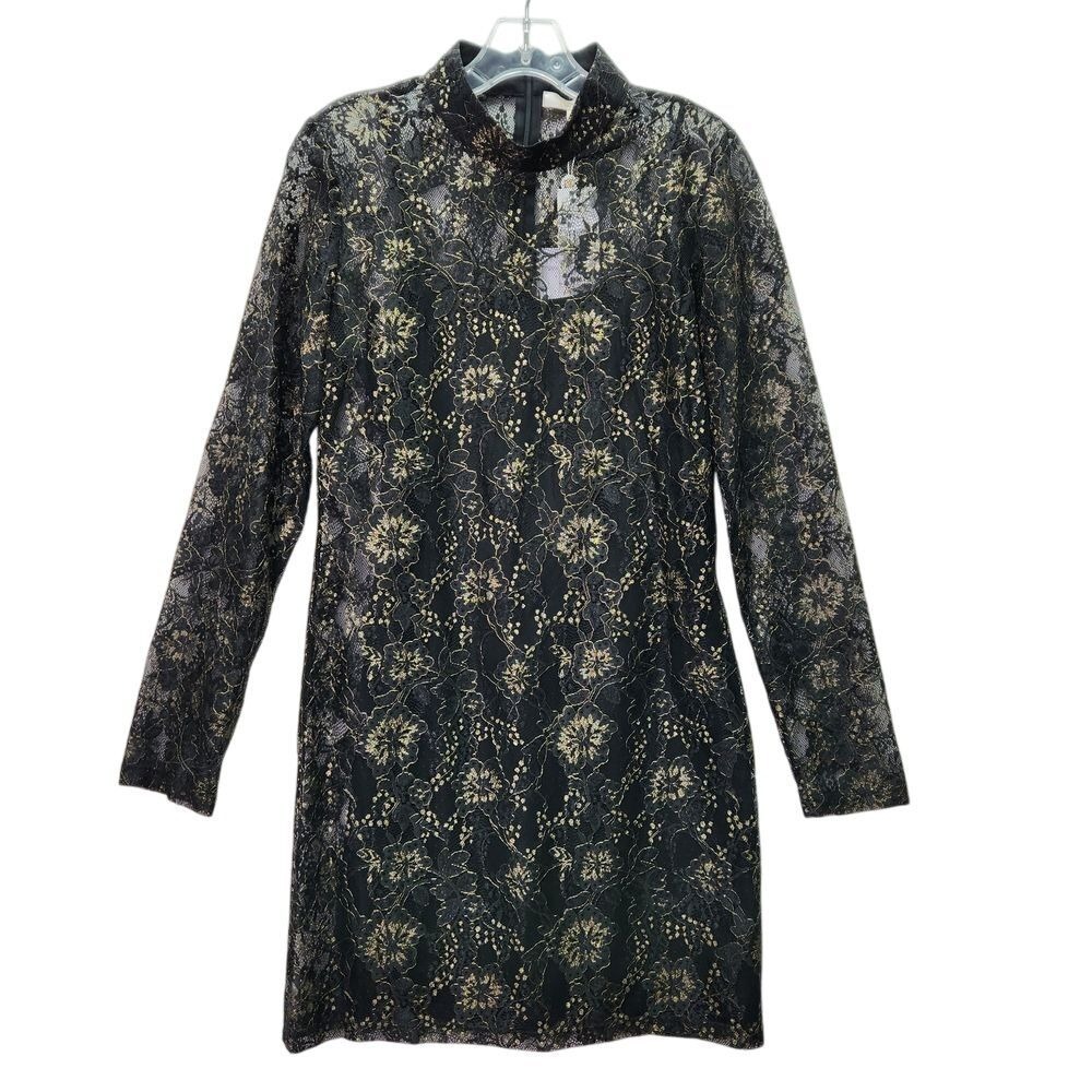 WAYF Lace Dress Womens M Cassidy Black Floral Long Sleeve Gold Metallic Sheath